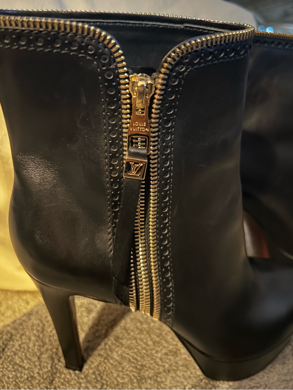 Louis Vuitton Black Leather Heeled Ankle Boots with Gold Zipper